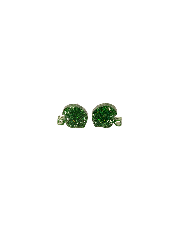 Green glitter helmet studs earrings
