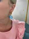 Brass Blue Flower Drop Earrings